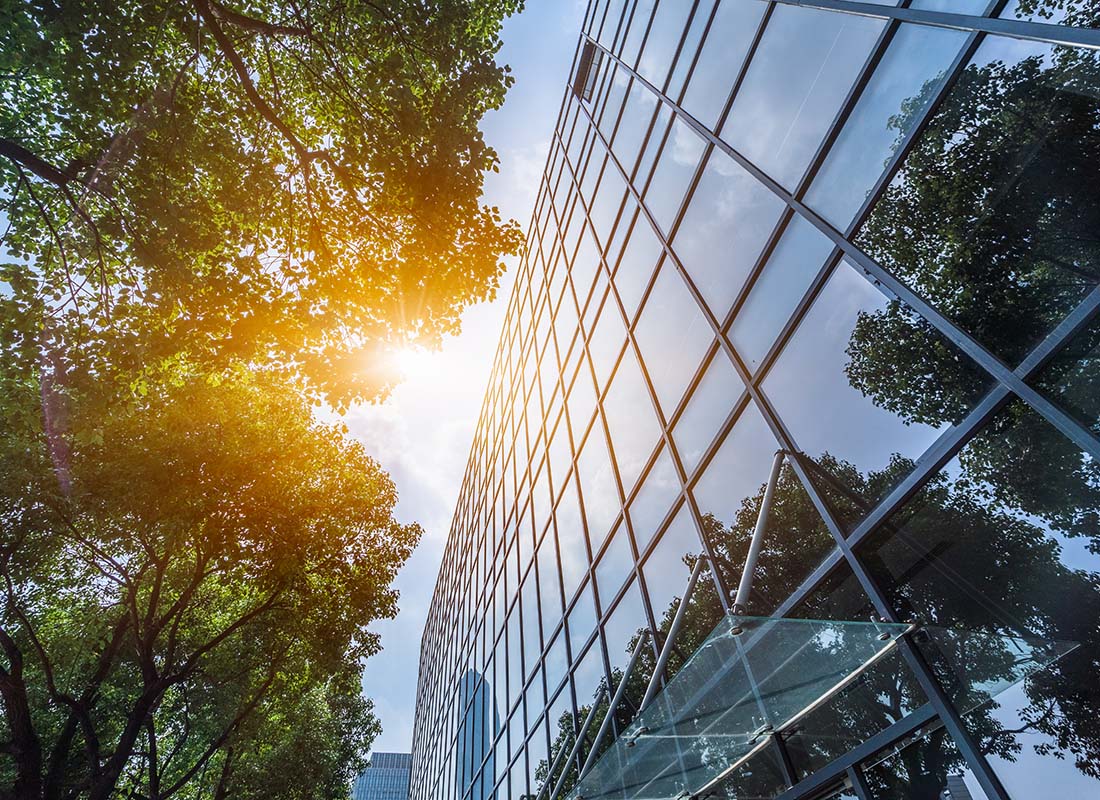 Insurance Solutions - Angled View of a Modern Commercial Building with Glass Panels Next to Green Trees with a Setting Sun